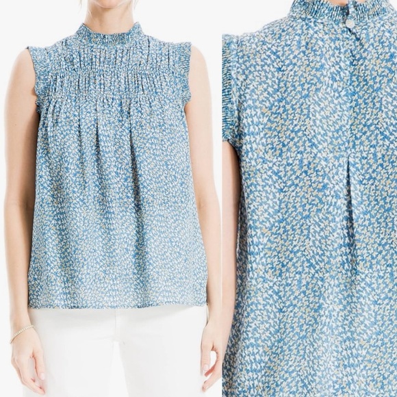 NWT Max Studio Women's Crepe Sleeveless Mock Ruffle Neck Blouse Blue Floral XS - Picture 3 of 12